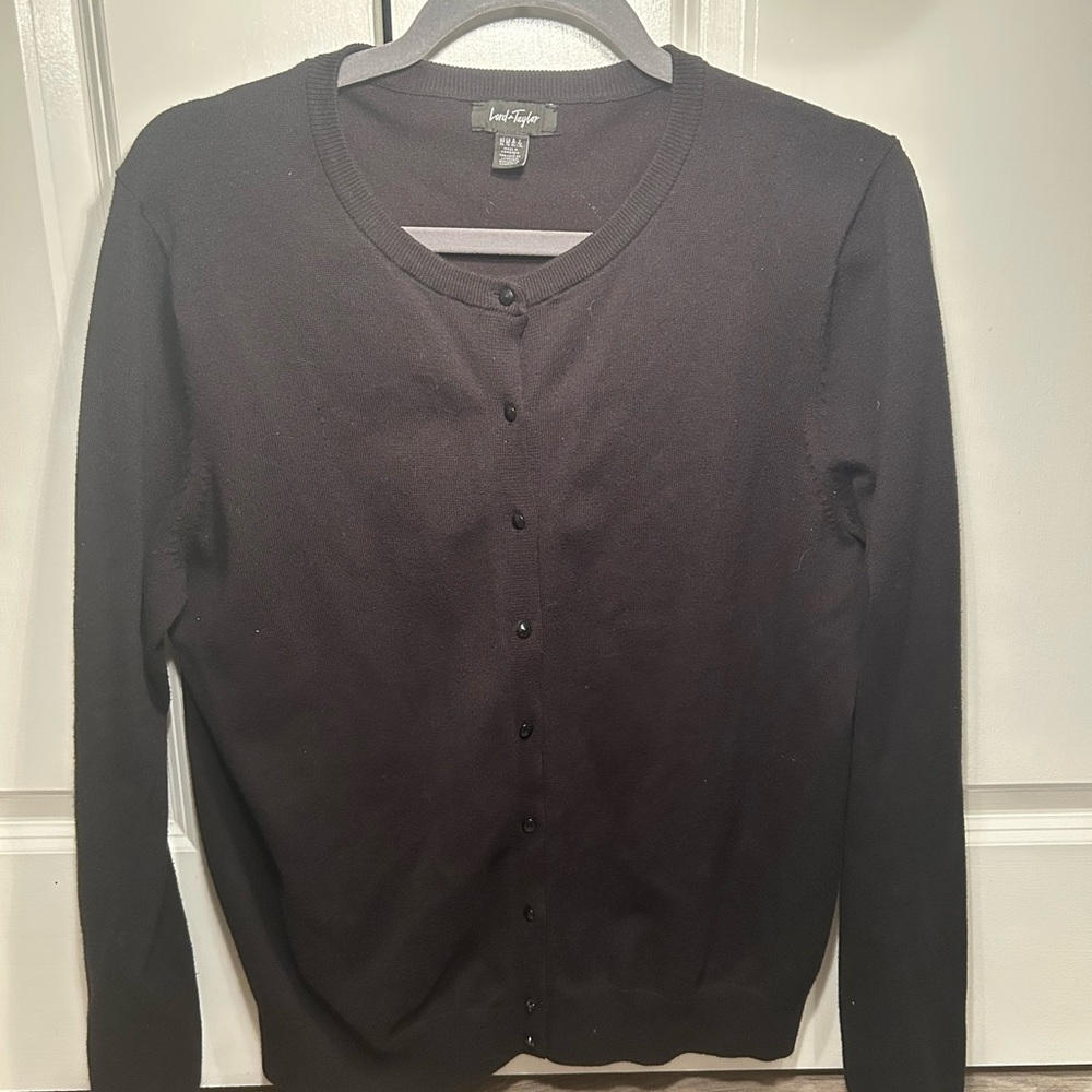 Lord & Taylor Black Knit Sweater Cardigan XL Cotton Button Open Front